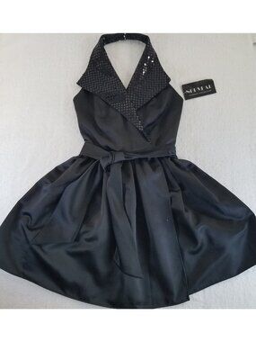 Nouveau Black Satin Halter Cocktail Wrap Dress Sequins SIZE 4 Evening Collection